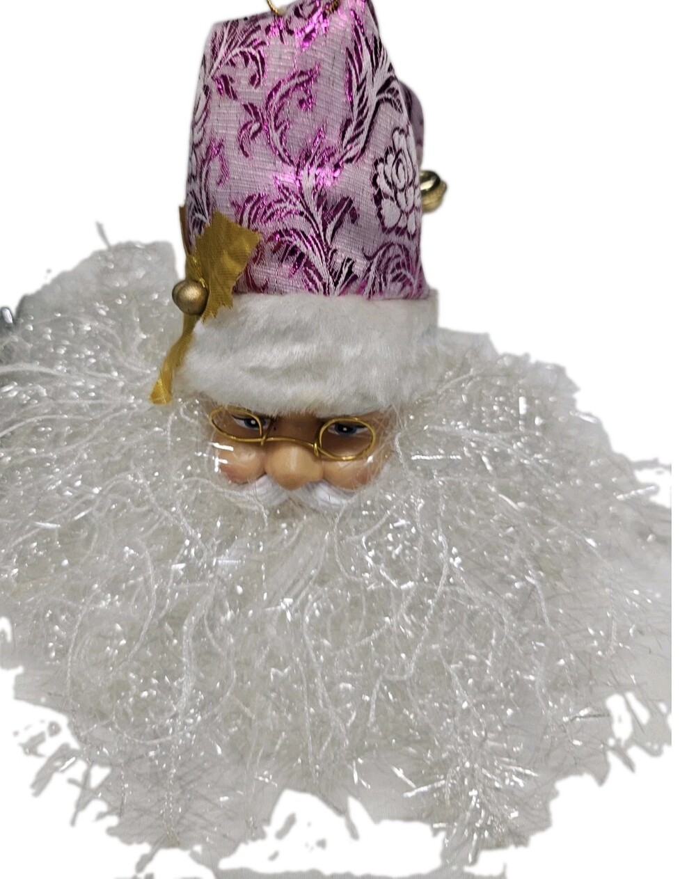 Santa Claus Christmas Ornament, Pink Brocade Hat, Gold Glasses, Whimsical...